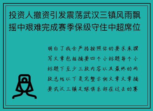 投资人撤资引发震荡武汉三镇风雨飘摇中艰难完成赛季保级守住中超席位