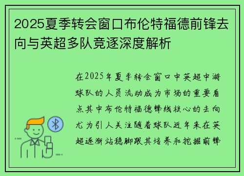 2025夏季转会窗口布伦特福德前锋去向与英超多队竞逐深度解析