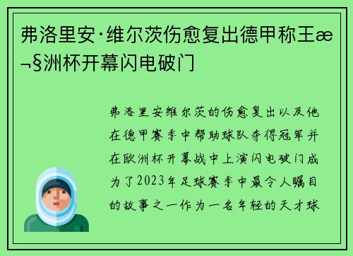 弗洛里安·维尔茨伤愈复出德甲称王欧洲杯开幕闪电破门 弗洛里安·维尔茨伤愈复出德甲称王欧洲杯开幕闪电破门